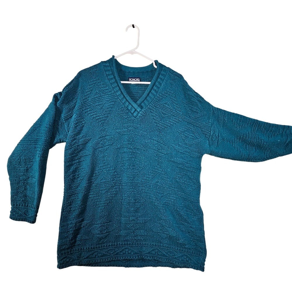 HONORS Teal Blue Knit V Neck Long Sleeve‎ Sweater Women's Small Cottagecore VTG